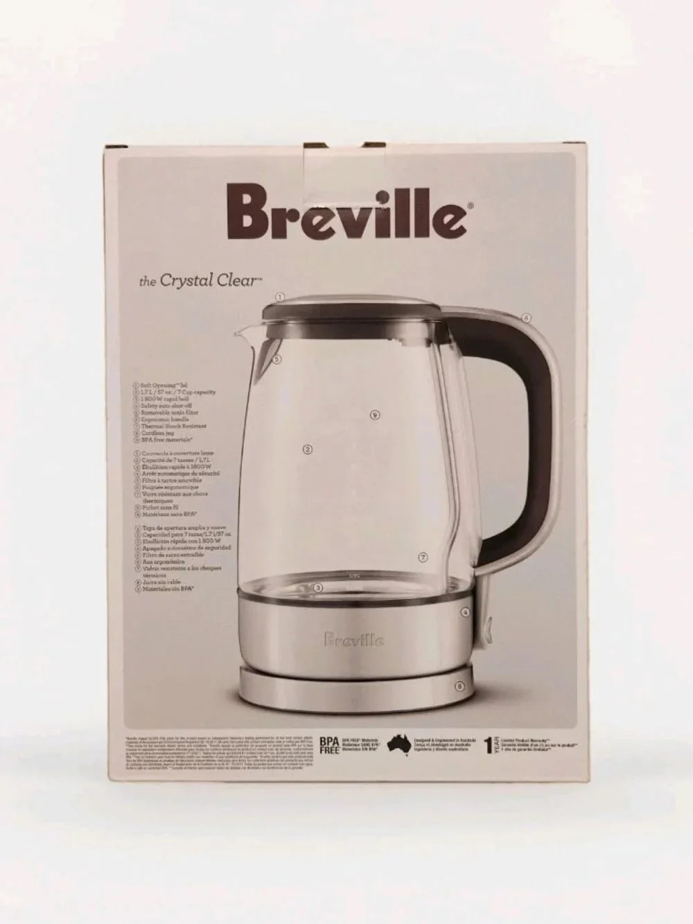 Breville Crystal Clear Kettle 1.8 Quarts BKE595XL Electric 1800W Glass New